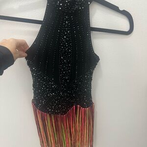 Black Beaded figure skating Dress with Multicolor Fringe.